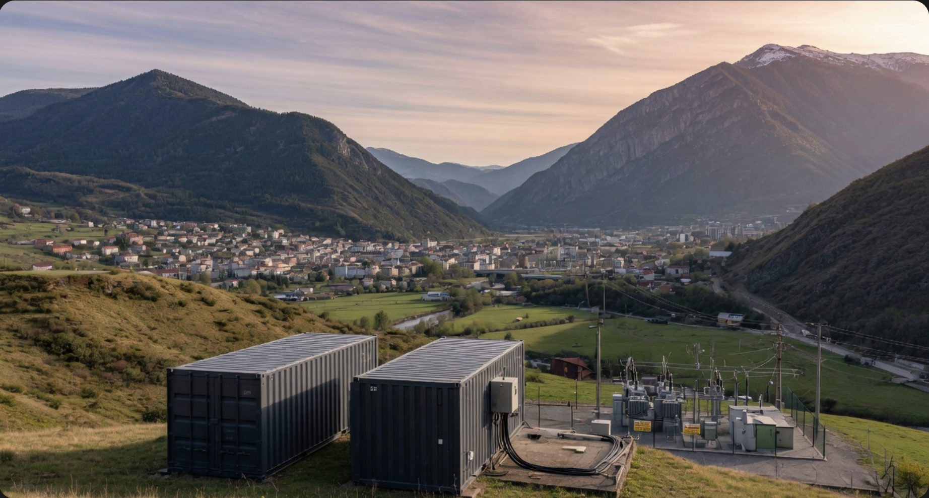 Illustration of two shipping-container modules beside electrical infrastructure in a mountain valley